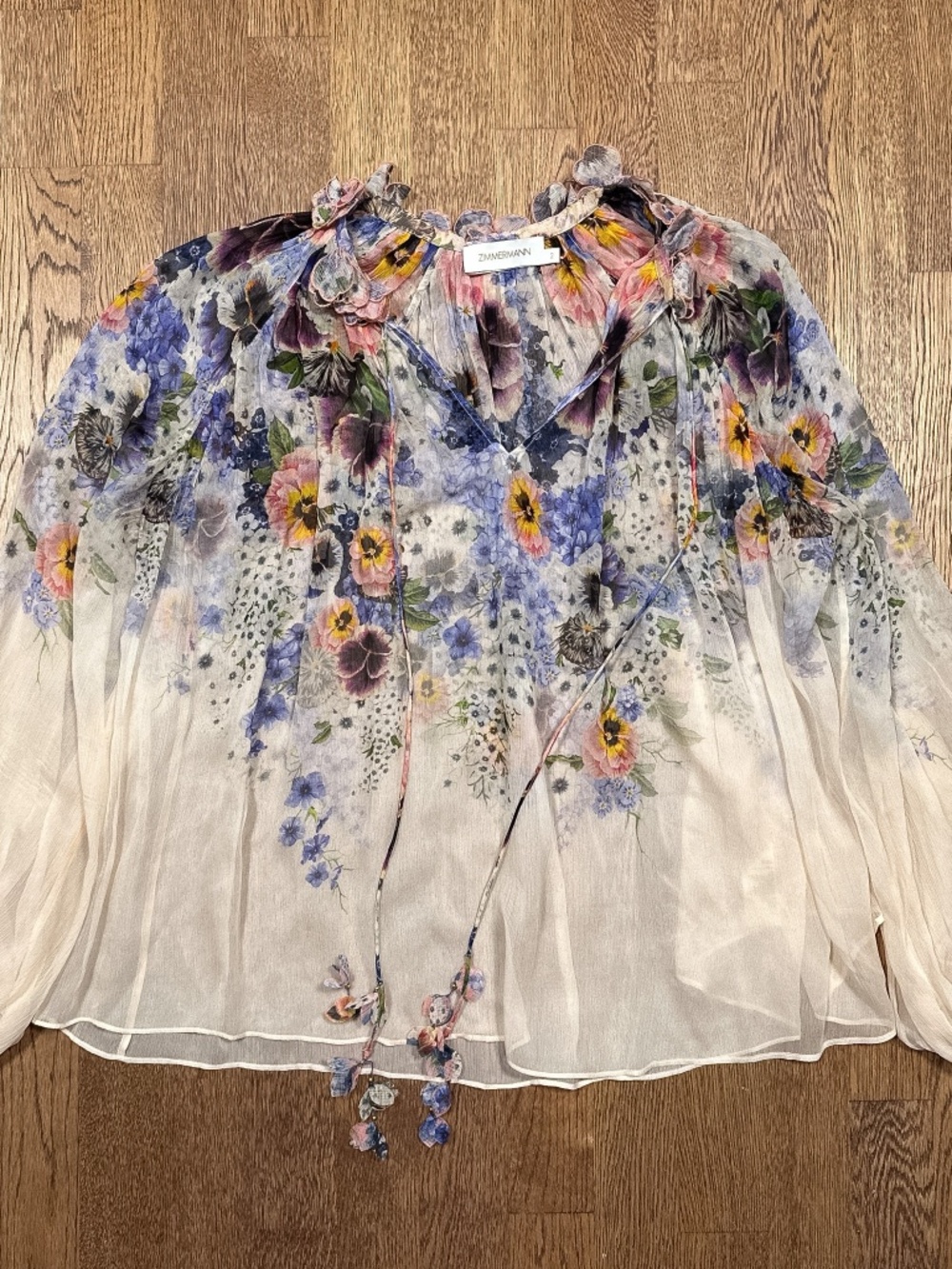Zimmermann Tama Silk Floral Print Flower Collar Lightweight L/S Blouse Womens 2
